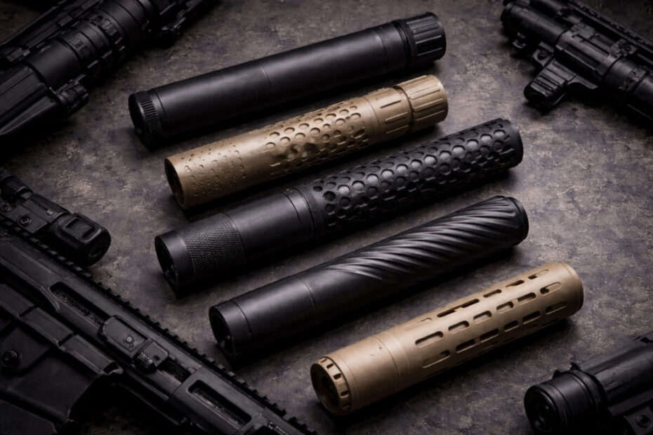 A group of six firearm suppressors in different shapes and finishes arranged on a textured surface, with partial views of rifles surrounding them.